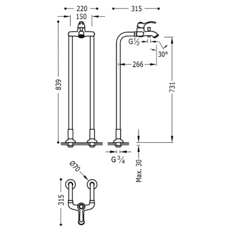 Mitigeur bain avec prises d'eau au niveau du sol. Douchette à main anticalcaire. Flexible double agrafage - TRES 24219402AC