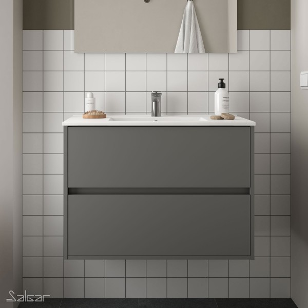 Ensemble Meuble De Salle De Bain 80cm 2 Tiroirs Gris Mat Et Vasque Porcelaine Noja Salgar 85047 Vita Habitat