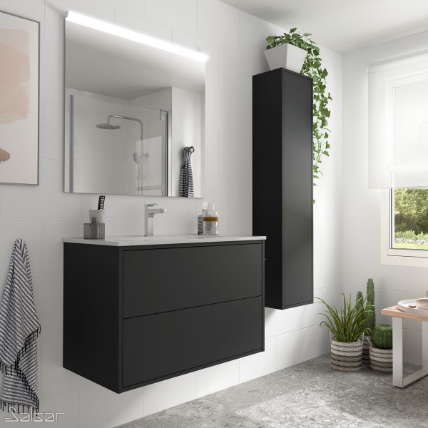 Ensemble meuble salle de bain Noir mat vasque, miroir et applique