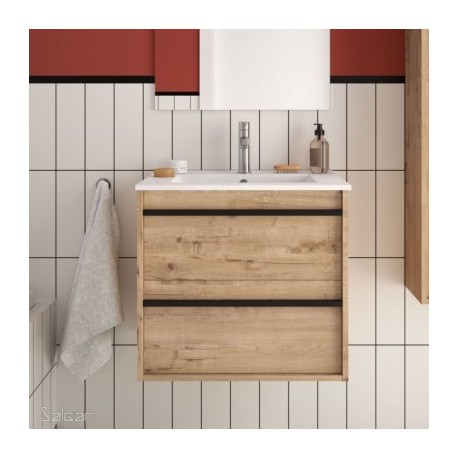 Ensemble meuble de salle de bain 600mm 2 tiroirs Chêne Ostippo et Vasque porcelaine ATTILA - SALGAR 84939 