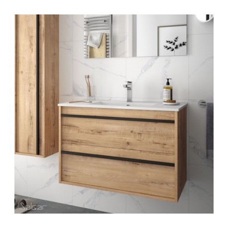 Ensemble meuble de salle de bain 80cm 2 tiroirs Chêne Ostippo et Vasque porcelaine ATTILA - Salgar 84945 