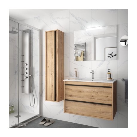 Ensemble meuble de salle de bain 800mm 2 tiroirs Chêne Ostippo avec Vasque porcelaine, Miroir et Applique ATTILA- SALGAR 84944 
