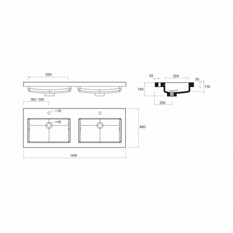 Vasque TOSCANA 1400 doble CHARGE MINÉRAL BLANC 1405 x 50 x 460 mm - SALGAR 27144 