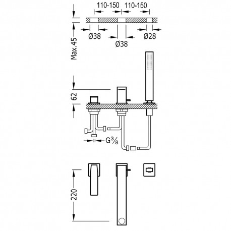 Mitigeur bain d’étagère avec douchette OR Slim Exclusive - TRES 20216101OR 