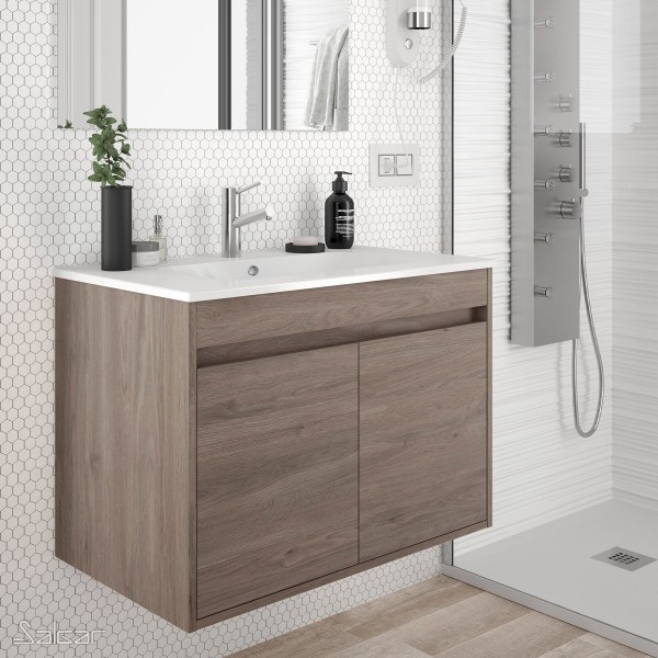 Ensemble meuble de salle de bain NOJA 600mm 2 portes CHÊNE ETERNITY avec  Vasque porcelaine - SALGAR 84968 - Vita Habitat