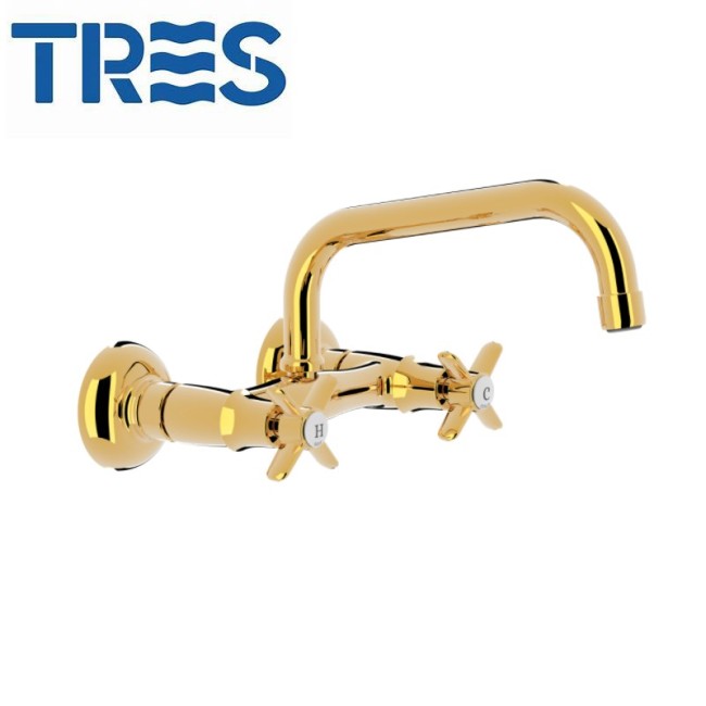 Mélangeur cuisine mélangeur évier mural Or 24K distance depuis mur 237 mm  - TRES 24221501OR