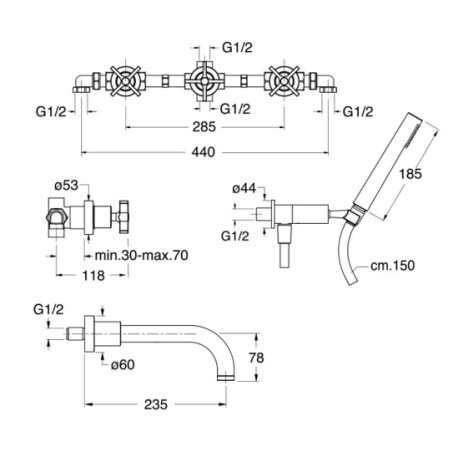 Mélangeur bain douche encastré Or Brossé Cross Road - CRISTINA ONDYNA CR11196P
