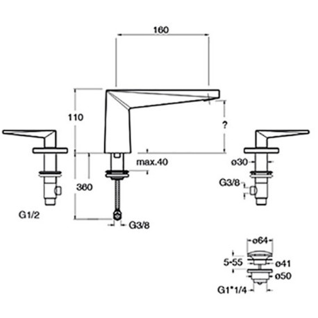 Mélangeur lavabo 3 trous Métal Brossé Fractal - CRISTINA ONDYNA FT20577