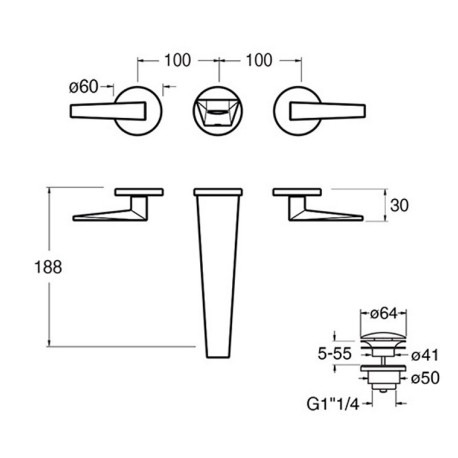 Façade mélangeur lavabo 3 trous encastré saillie 18 cm Or Brossé Fractal - CRISTINA ONDYNA FT24296P