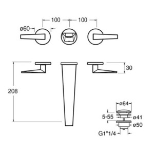 Façade mélangeur lavabo 3 trous encastré saillie 20 cm Chromé Noir Brossé Fractal - CRISTINA ONDYNA FT24375
