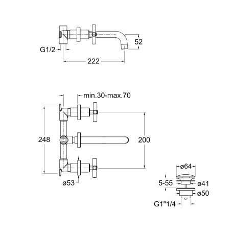 Mélangeur Lavabo Executive Mural 3 Trous Chrome - CRISTINA ONDYNA EV11450