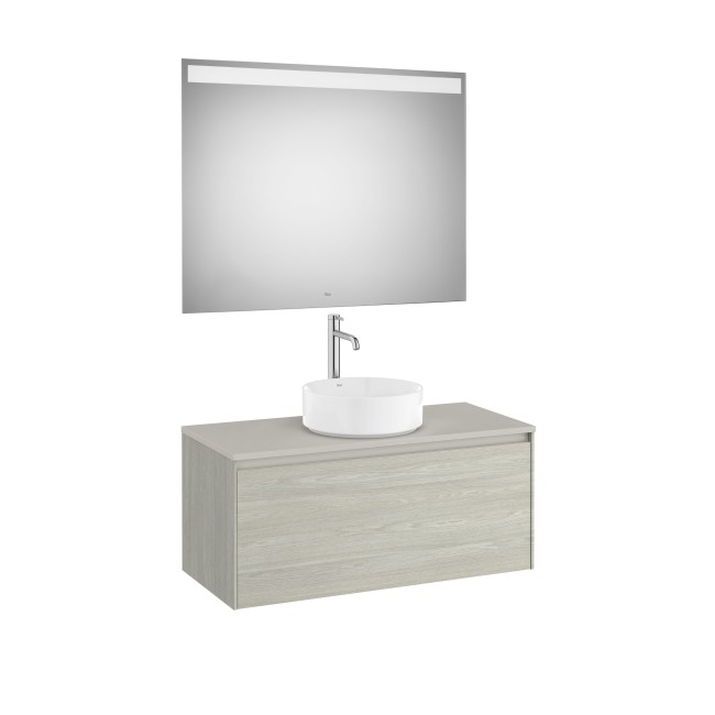 Ona Pack Meuble 1T+Plan Pr Lav Centré+Miroir 1000 Chêne Bl-Roca A851714512 