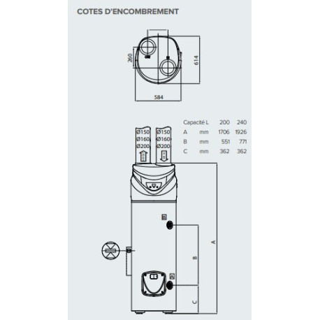 Chauffe-eau thermodynamique Nuos Primo HC A+ 240L. - Ø 584 mm - ARISTON 3069797