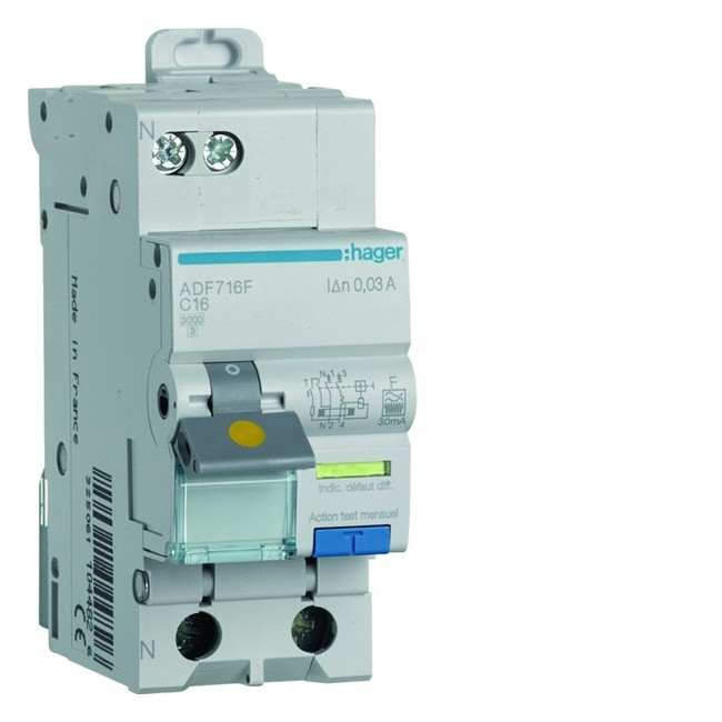 Disjoncteur différentiel 1P+N 3kA C-16A 30mA type F  - HAGER ADF716F 