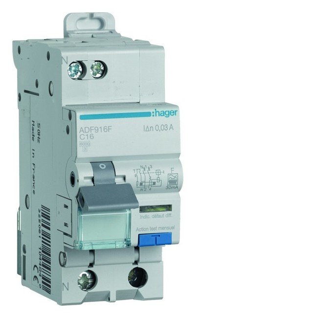Disjoncteur différentiel 1P+N 6kA C-16A 30mA type F  - HAGER ADF916F 