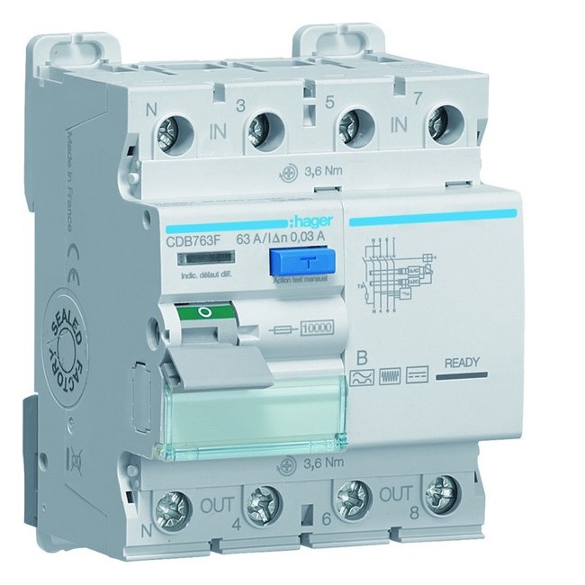 Interrupteur différentiel 3P+N 63A 30mA type B - HAGER CDB763F 