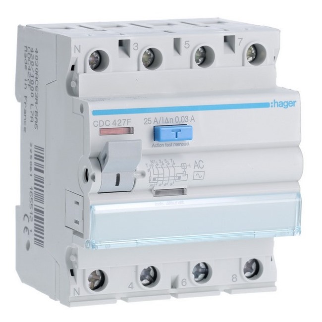 Inter dif 4P 25A 30mA AC 60Hz - INTER. DIFF. TETRA.  HAGER CDC427F 