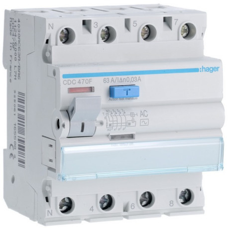 Inter dif 4P 63A 30mA AC 60Hz - INTER. DIFF. TETRA. HAGER CDC470F 