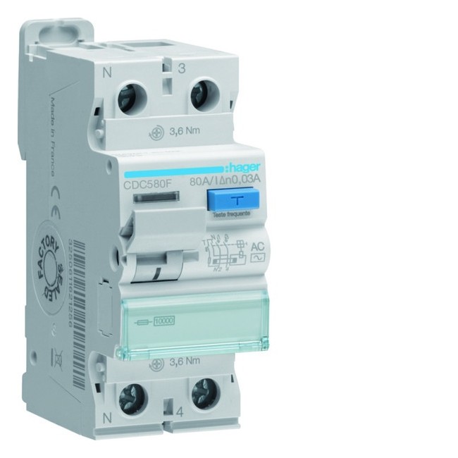Interrupteur différentiel 1P+N 80A 30mA type AC - HAGER CDC580F 