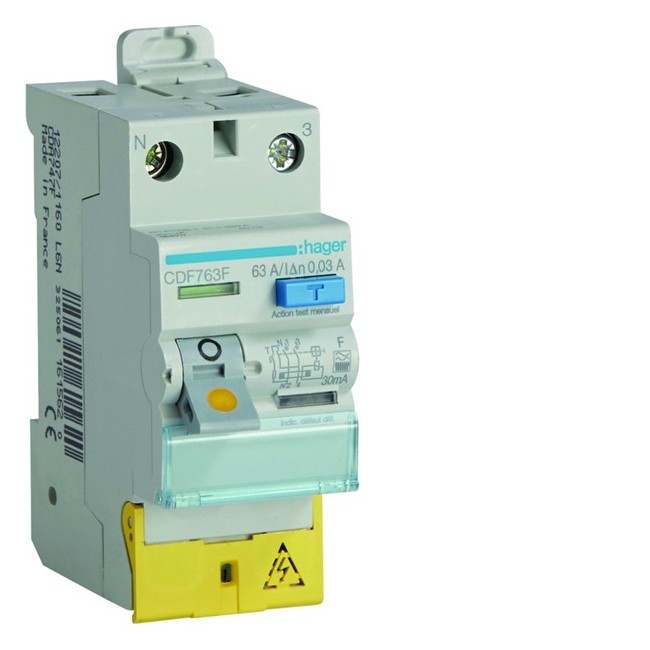 Inter diff 2P 63A 30mA type F Bornes décalées - HAGER CDF763F 