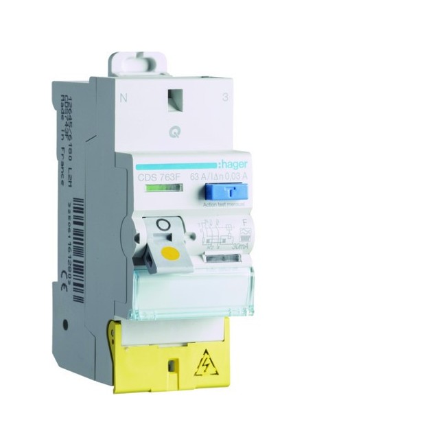 Inter diff 2P 63A 30mA type F Bornes décalées SanVis - HAGER CDS763F 