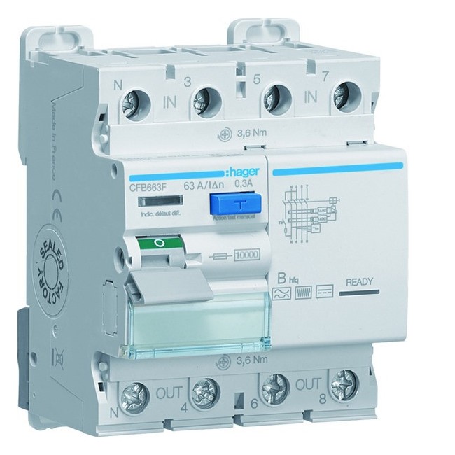 Interrupteur différentiel 3P+N 63A 300mA type B hfq - HAGER CFB663F 