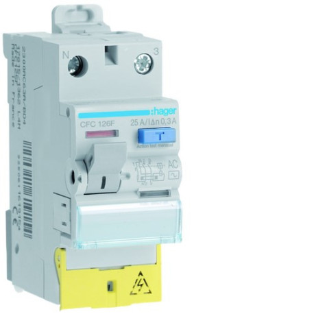 Interrupteur différentiel 1P+N 25A 300mA type AC à bornes décalées 50/60HZ - HAGER CFC126F 