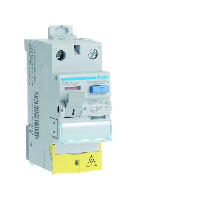 Interrupteur différentiel 1P+N 25A 300mA type AC à bornes décalées 50/60HZ - HAGER CFC126F 
