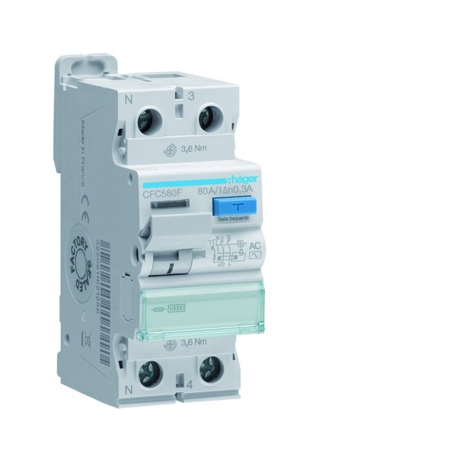 Interrupteur différentiel 1P+N 80A 300mA type AC - HAGER CFC580F 