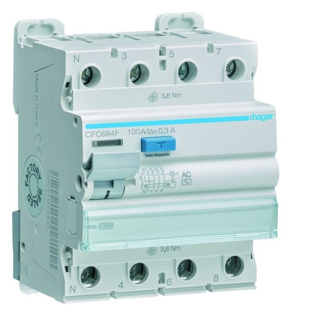 Interrupteur différentiel 3P+N 100A 300mA type AC - HAGER CFC684F 