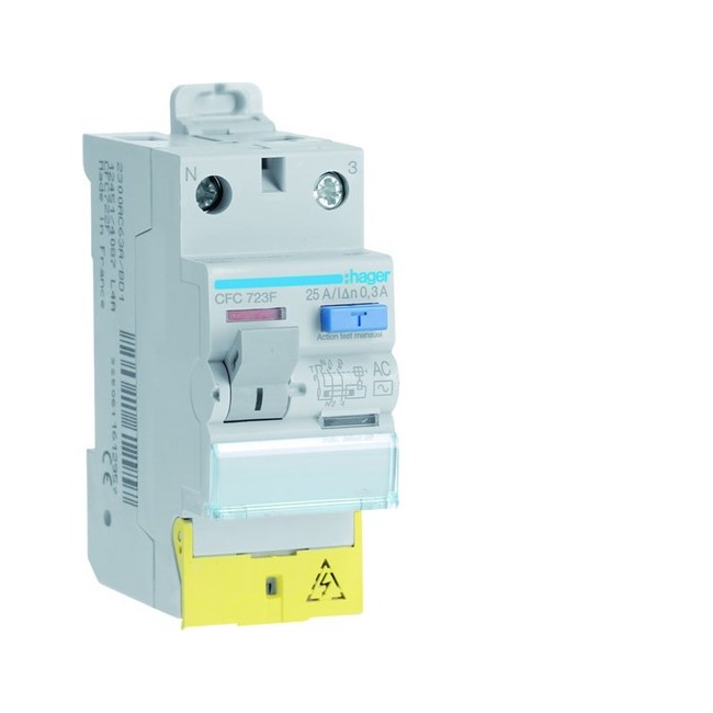 Interrupteur différentiel 1P+N 25A 300mA type AC à bornes décalées  50/60HZ - HAGER CFC723F 