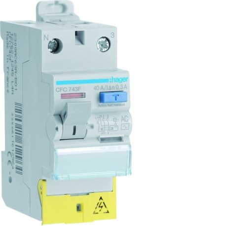 Interrupteur différentiel 1P+N 40A 300mA type AC à bornes décalées 50/60HZ - HAGER CFC743F 