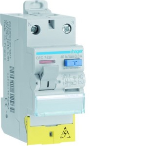 Interrupteur différentiel 1P+N 40A 300mA type AC à bornes décalées  50/60HZ - HAGER CFC743F 