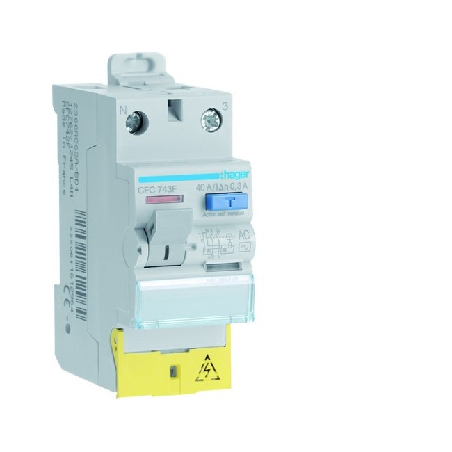 Interrupteur différentiel 1P+N 40A 300mA type AC à bornes décalées  50/60HZ - HAGER CFC743F 