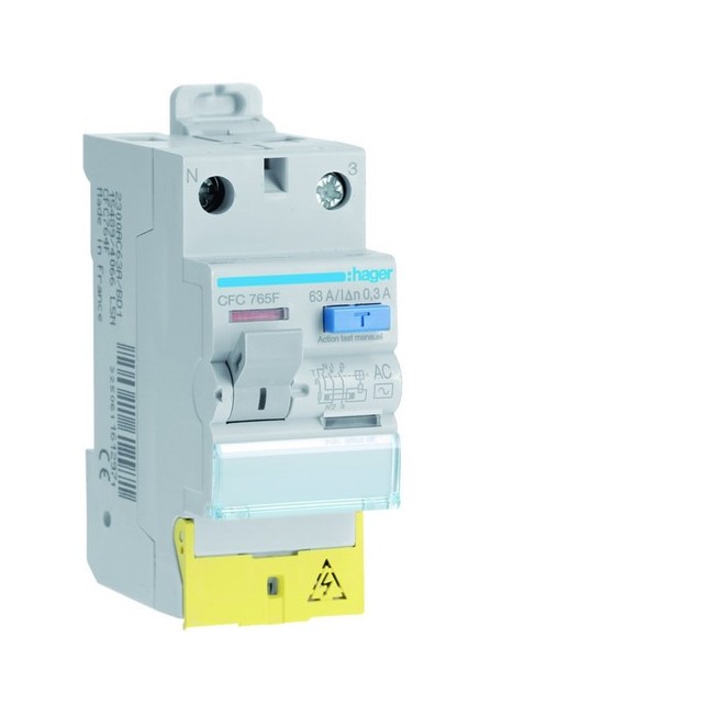 Interrupteur différentiel 1P+N 63A 300mA type AC à bornes décalées  50/60HZ - HAGER CFC765F 