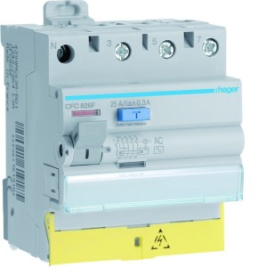 Interrupteur différentiel 3P+N 25A 300mA type AC à bornes décalées  50/60HZ - HAGER CFC826F 