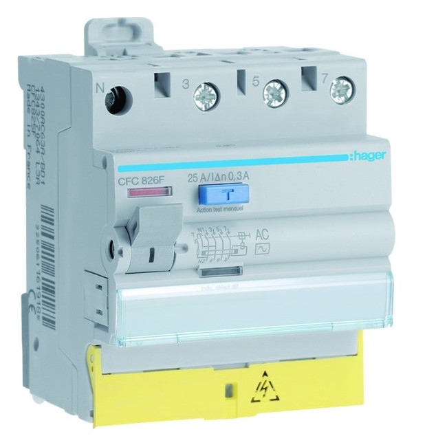 Interrupteur différentiel 3P+N 25A 300mA type AC à bornes décalées  50/60HZ - HAGER CFC826F 