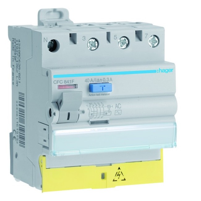 Interrupteur différentiel 3P+N 40A 300mA type AC à bornes décalées  50/60HZ - HAGER CFC841F 
