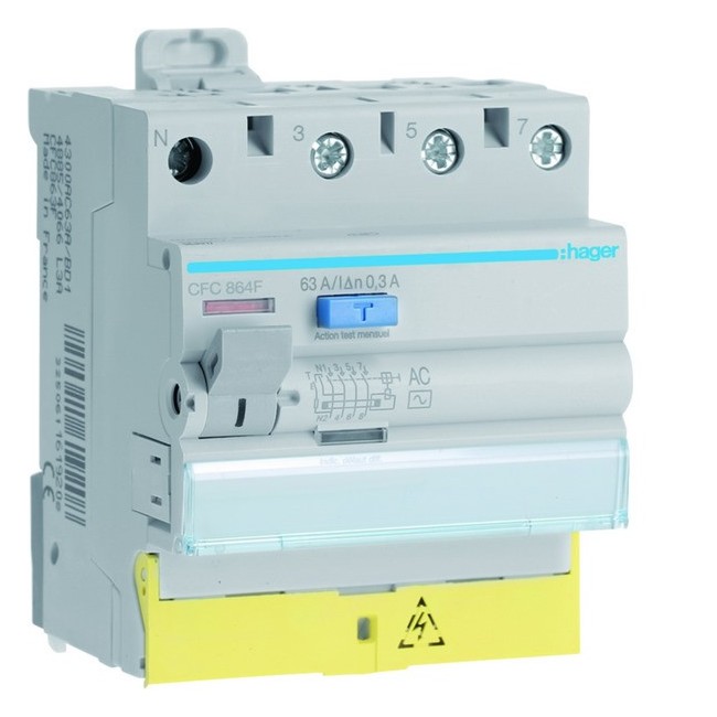 Interrupteur différentiel 3P+N 63A 300mA type AC à bornes décalées  50/60HZ - HAGER CFC864F 