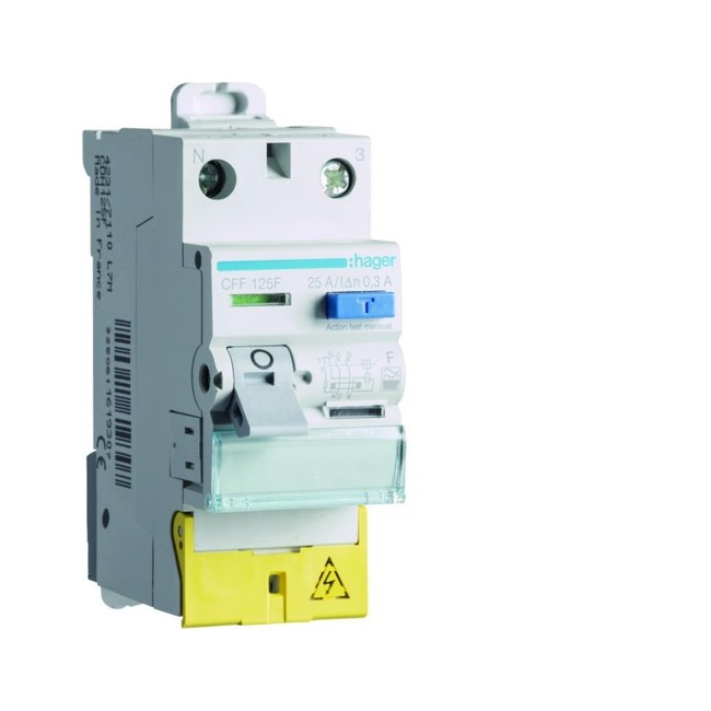 Inter diff 1P+N 25A 300mA type F Bornes décalées - HAGER CFF125F 