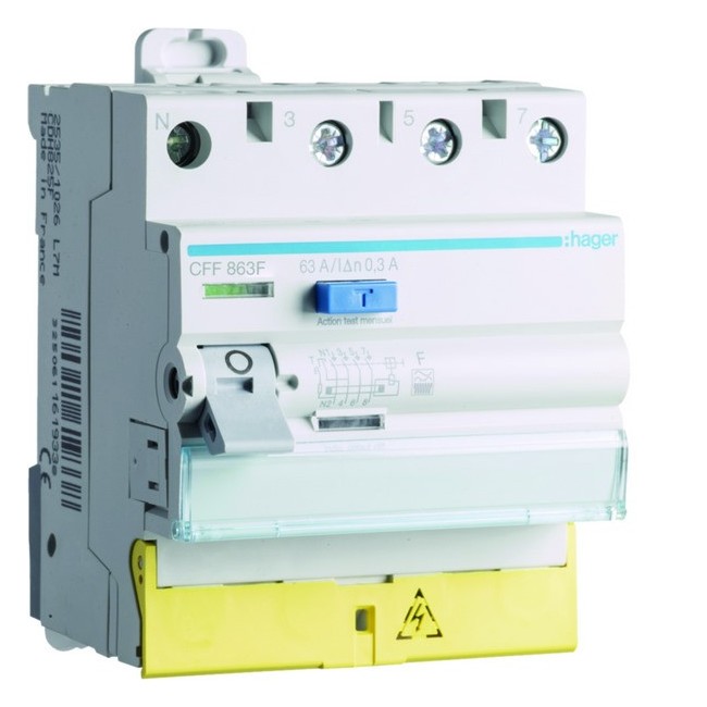 Inter diff 3P+N 63A 300mA type F Bornes décalées - HAGER CFF863F 