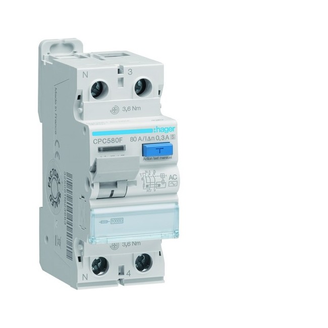 Interrupteur différentiel 1P+N 80A 300mA type AC S - HAGER CPC580F 
