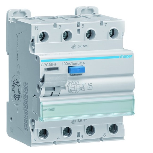 Interrupteur différentiel 3P+N 100A 300mA type AC S - HAGER CPC684F 