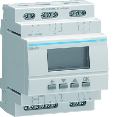 Interrupteur horaire électronique 4 voies annuelle, astronomique, crépusculaire - HAGER EGN400 