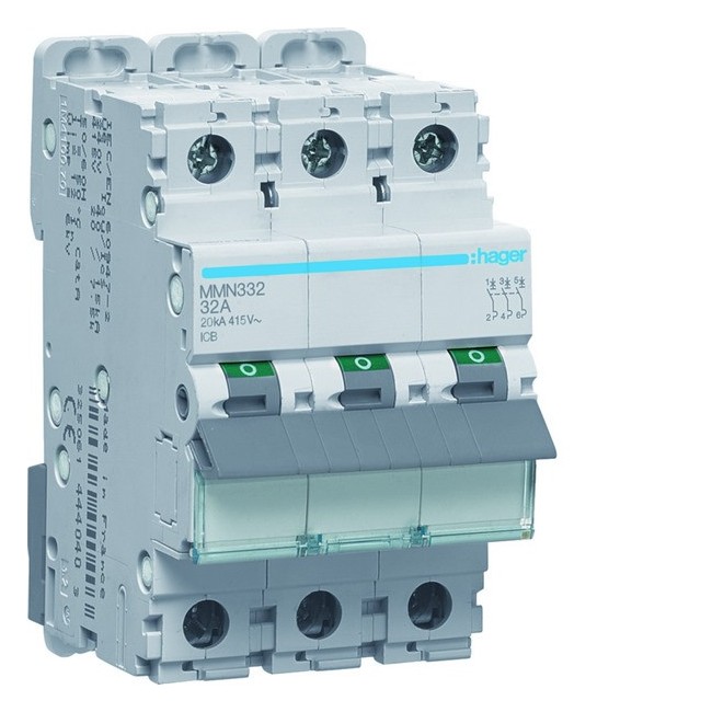 Disjoncteur magnétique 3P 20kA 32A 400V access. indicateur IEC 947-2 - HAGER MMN332 