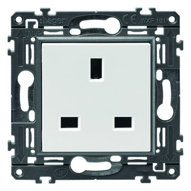 Prise de courant gallery 2P+T standard britannique pure, livrée avec support - HAGER WXF191B 