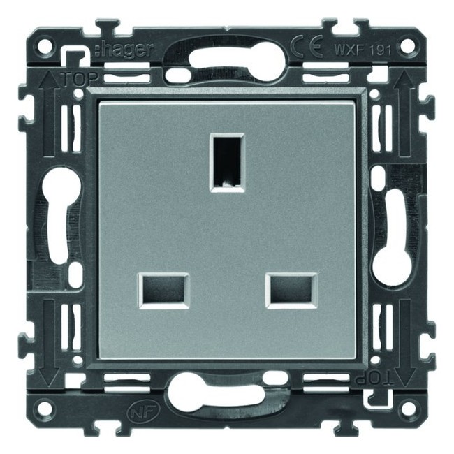 Prise de courant gallery 2P+T standard britannique titane, livrée avec support - HAGER WXF191T 