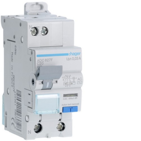 Disj.dif 1P+N 4.5kA C-20A 30mA - DISJ. DIFF.PH-N  HAGER ADC827F 