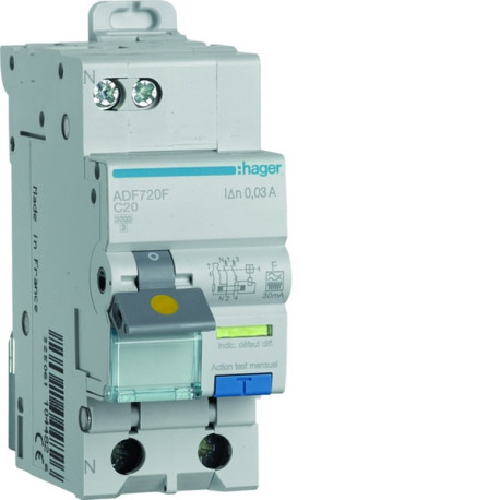 Disjoncteur différentiel 1P+N 3kA C-20A 30mA type F  - HAGER ADF720F 