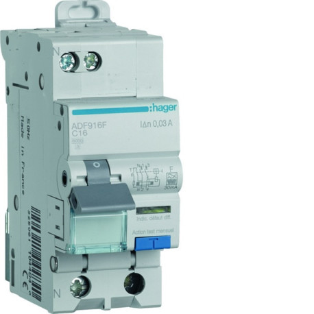 Disjoncteur différentiel 1P+N 6kA C-16A 30mA type F  - HAGER ADF916F 